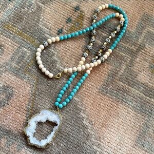Geode Druzy pendant Turquoise and Cream Beaded Necklace with brass accents